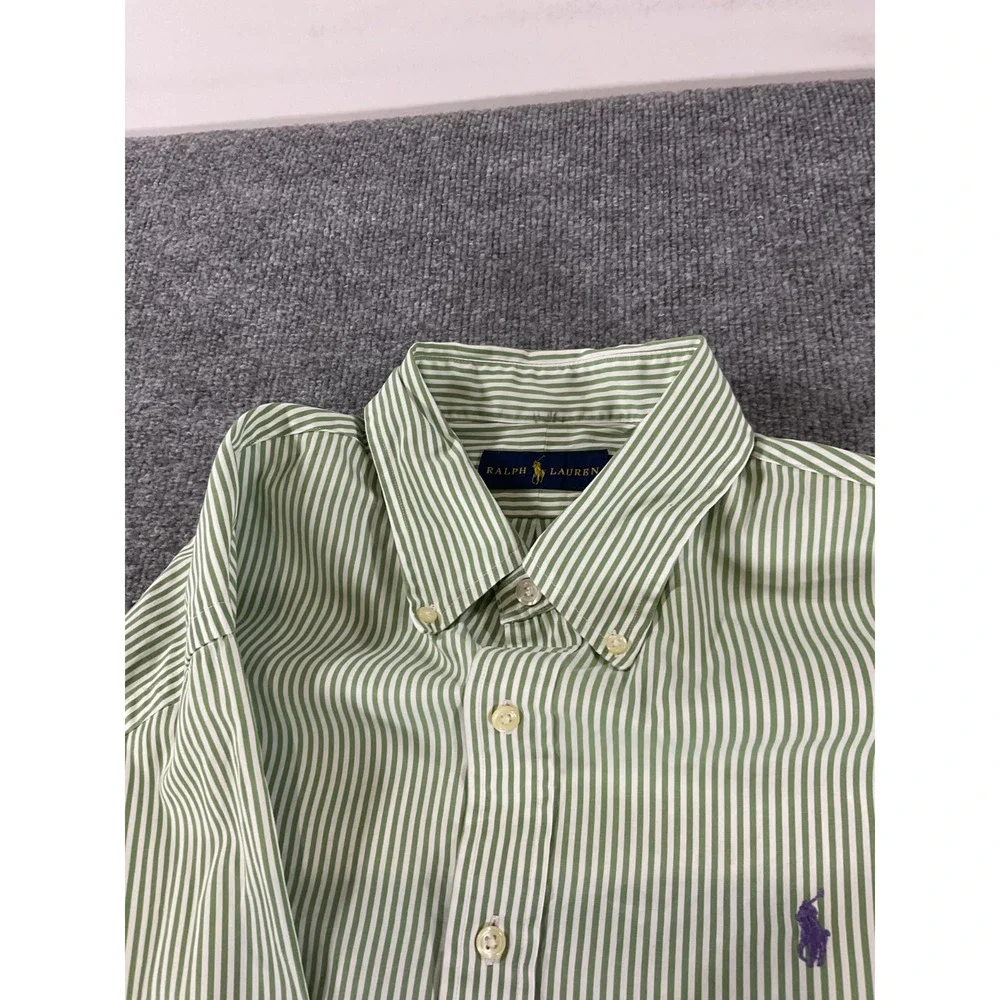 Polo Ralph Lauren XL Green White Striped Button Down Shirt Purple Pony Cotton